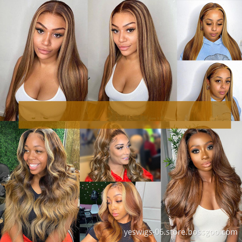 Wholesale Cuticle Aligned Pre Plucked Lace Frontal  Highlight Wig 13X4 Full Hd Lace Front Closure Human Hair Wig for black women